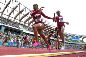 Nickisha Pryce and Kaylyn Brown legs of 49.xx and 49.05 finished the first collegiate sub-3:20 run. (KIRBY LEE/IMAGE OF SPORT)